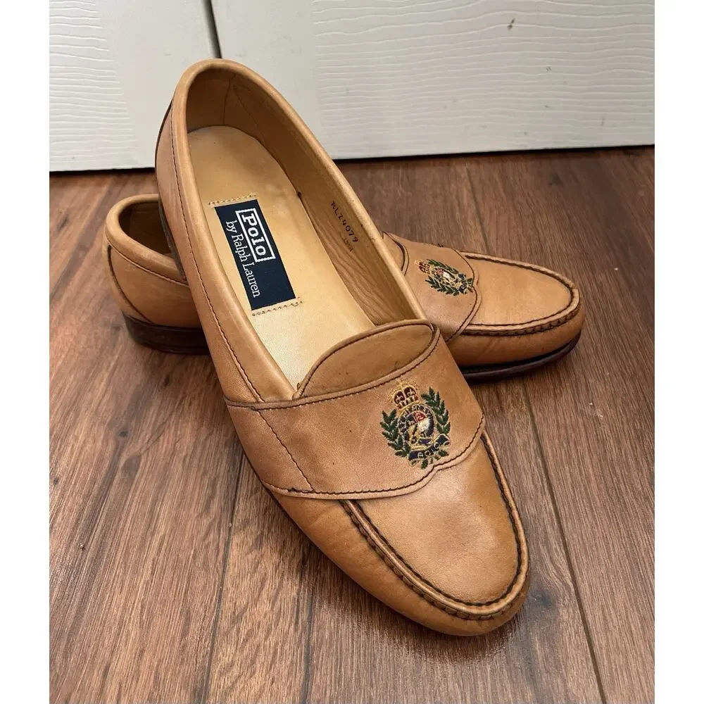 POLO RALPH LAUREN Men’s Vintage Camel Leather Embroidered Crest Loafers Sz 9.5D
